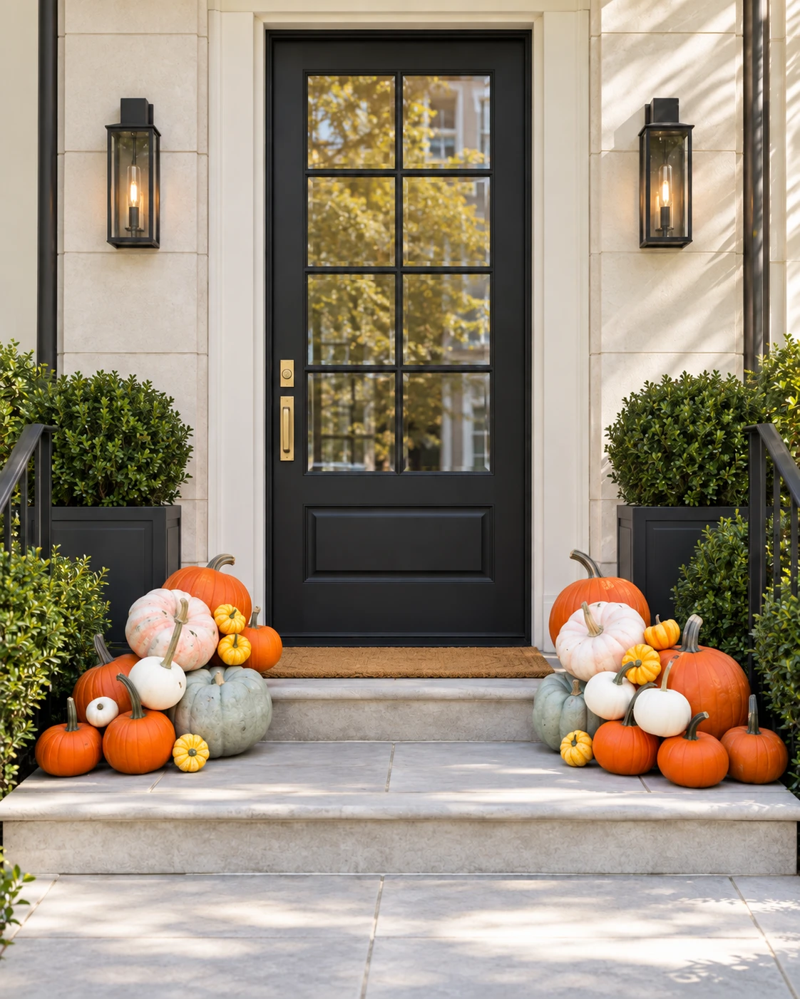 Petite porch pumpkin display — two layered piles of orange, white, blush and sage pumpkins flanking a black front door